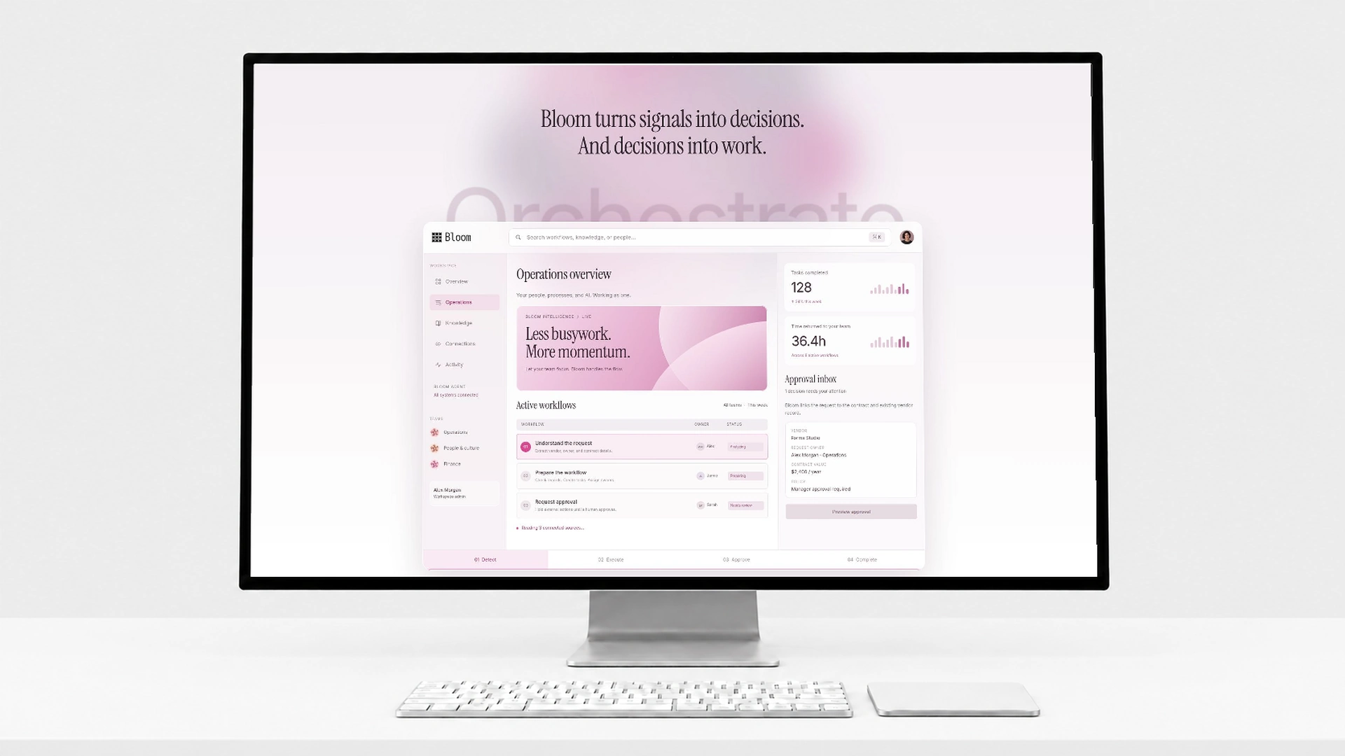 Bloom 데스크톱 목업: Bloom turns signals into decisions. And decisions into work.
