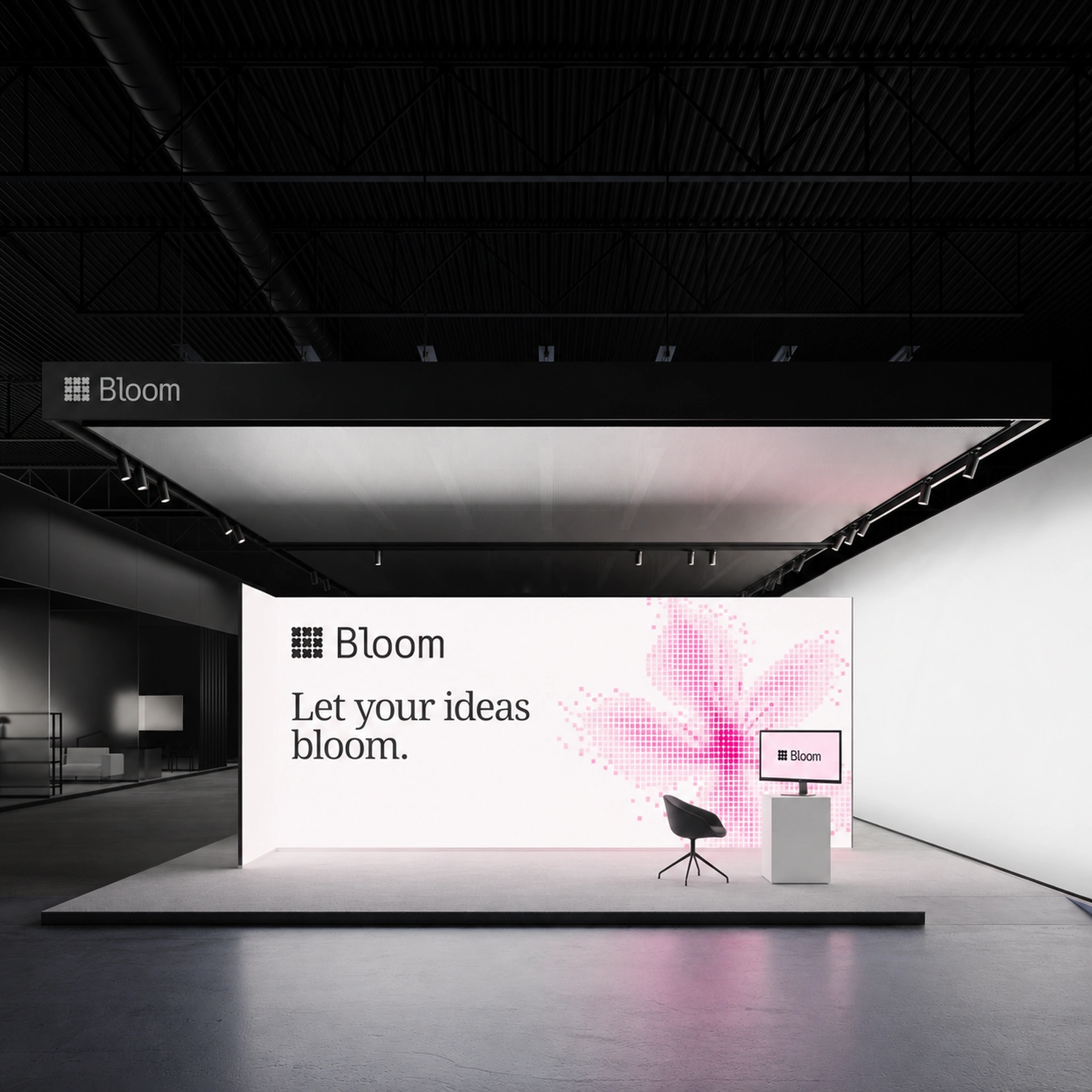 Bloom 전시 부스 공간 목업: Let your ideas bloom.