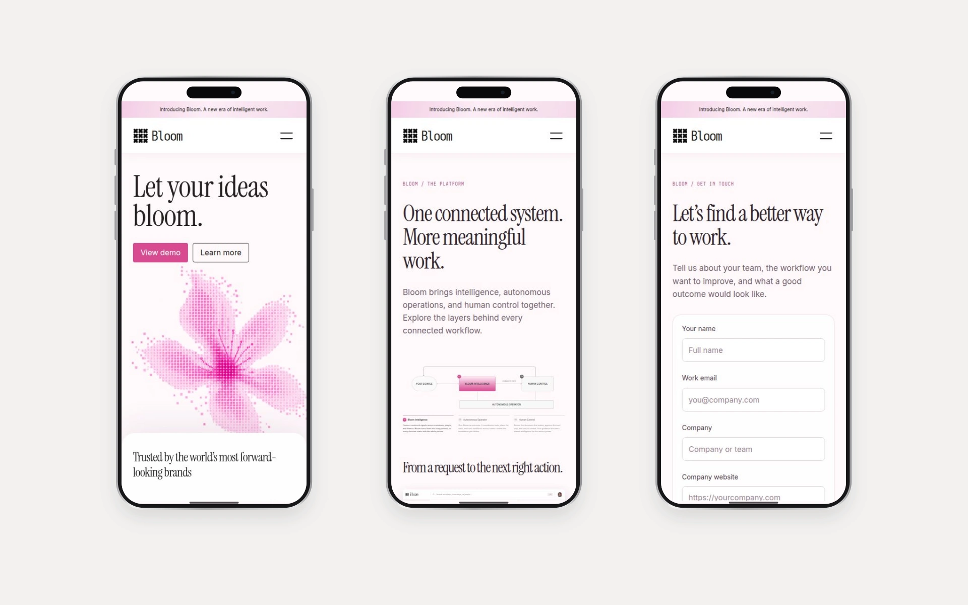 Bloom 모바일 웹사이트 화면 3종: 홈 Let your ideas bloom, 플랫폼 소개, 문의 폼